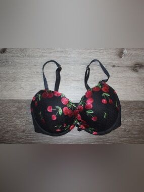 Victoria's Secret Black Bra with Red Cherry Embroidery